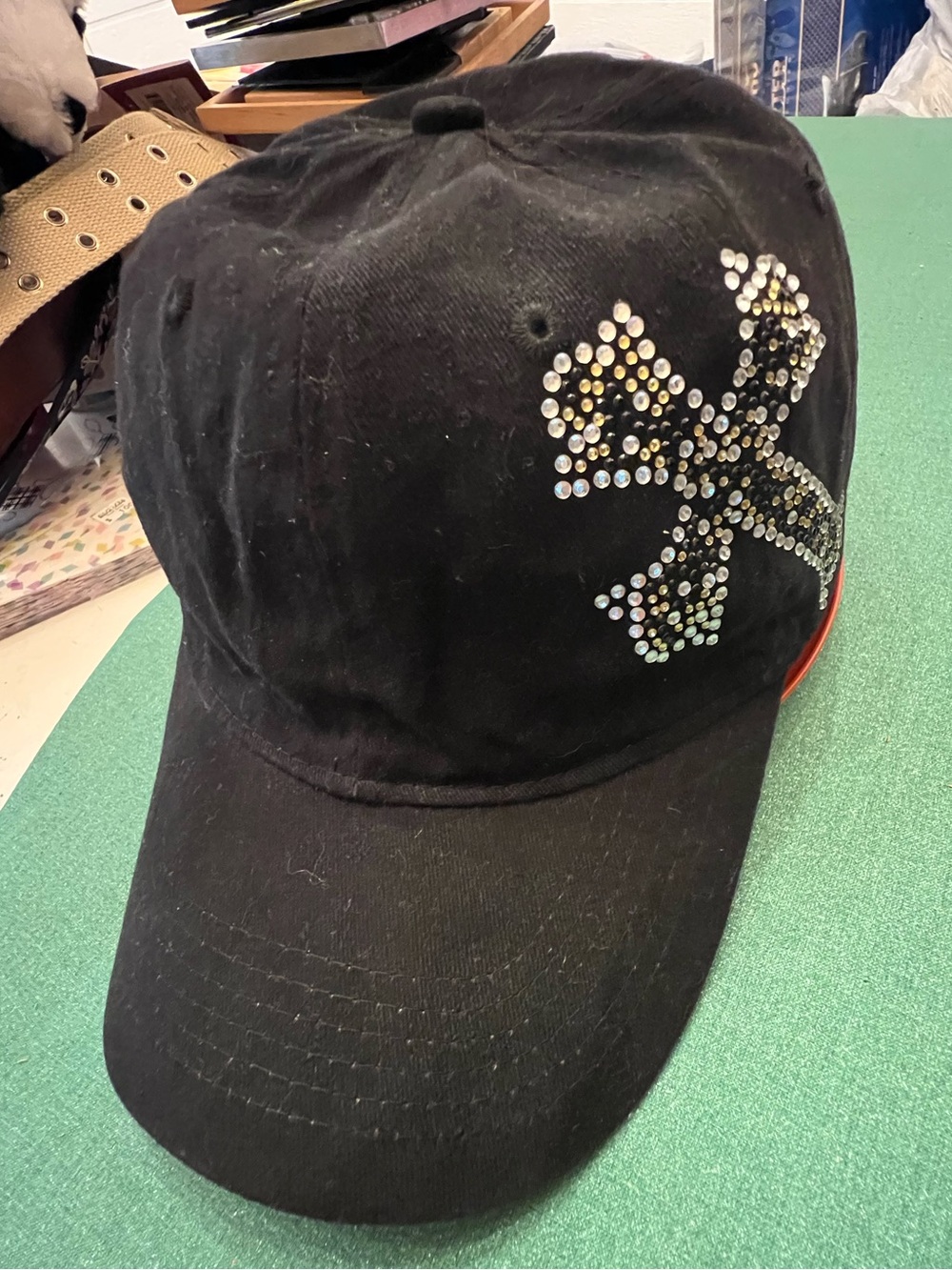 Port & Company Biker Chic Cap Black OneSize Adjustable Hat Rhinestone Cross